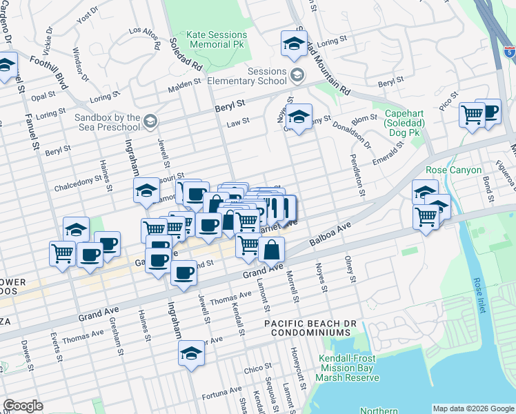 map of restaurants, bars, coffee shops, grocery stores, and more near 4526 Morrell Street in San Diego