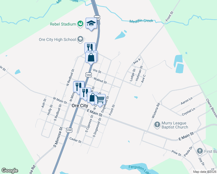 map of restaurants, bars, coffee shops, grocery stores, and more near 400 Dogwood Street in Ore City