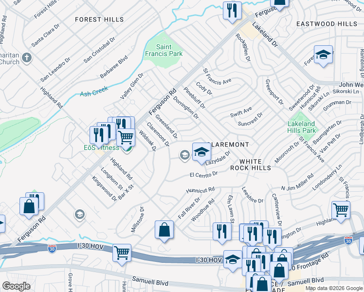 map of restaurants, bars, coffee shops, grocery stores, and more near 2411 Telegraph Avenue in Dallas