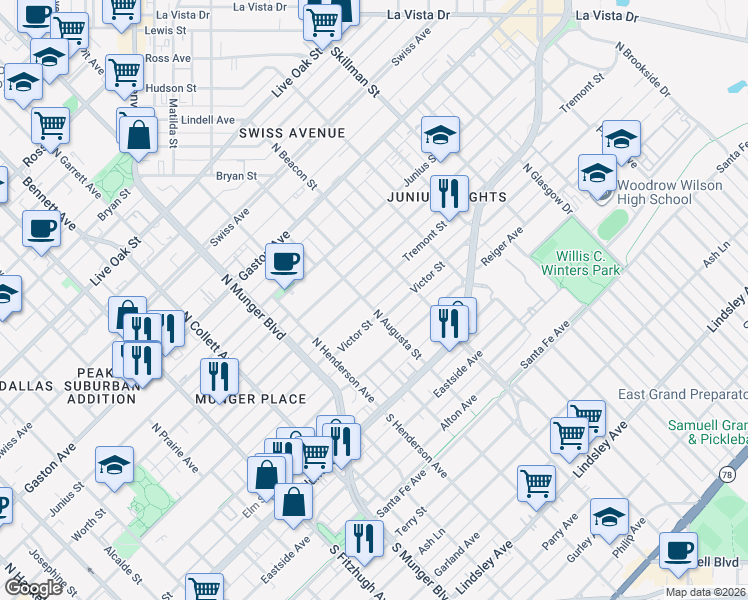 map of restaurants, bars, coffee shops, grocery stores, and more near 5503 Tremont Street in Dallas