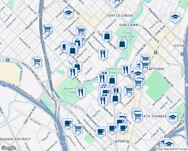 map of restaurants, bars, coffee shops, grocery stores, and more near 2600 Turtle Creek Boulevard in Dallas