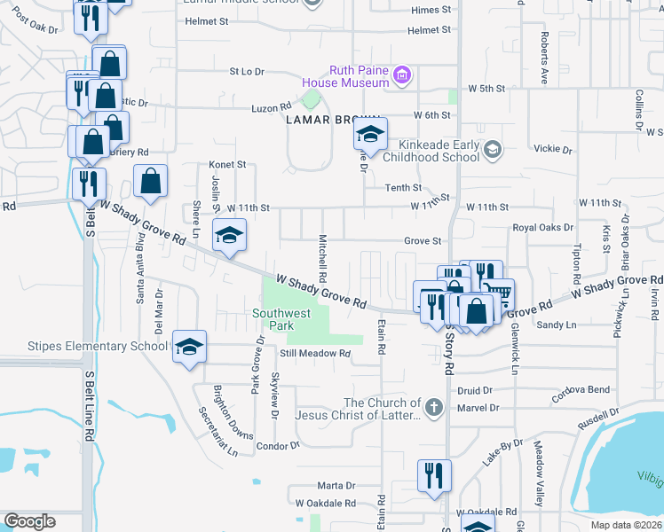 map of restaurants, bars, coffee shops, grocery stores, and more near 1201 Brandon Court in Irving