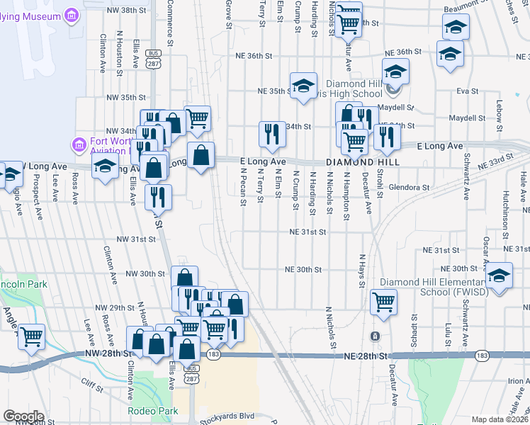 map of restaurants, bars, coffee shops, grocery stores, and more near 3207 North Elm Street in Fort Worth
