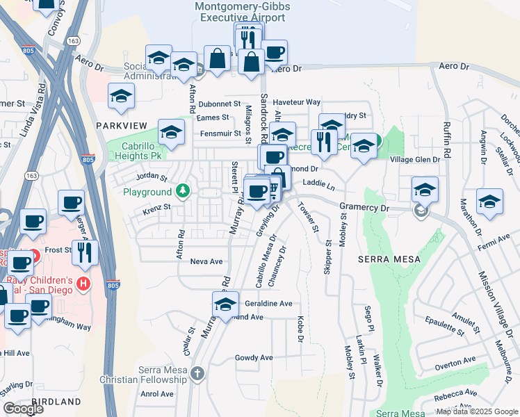 map of restaurants, bars, coffee shops, grocery stores, and more near 3246 Greyling Drive in San Diego