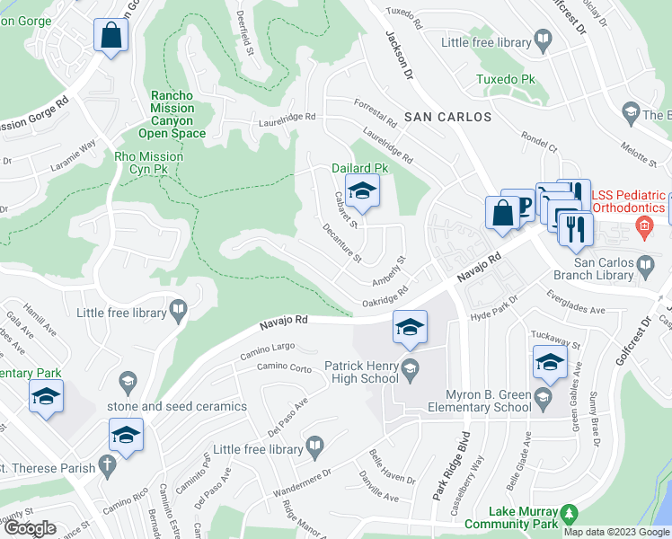 map of restaurants, bars, coffee shops, grocery stores, and more near 6453 Amberly Street in San Diego