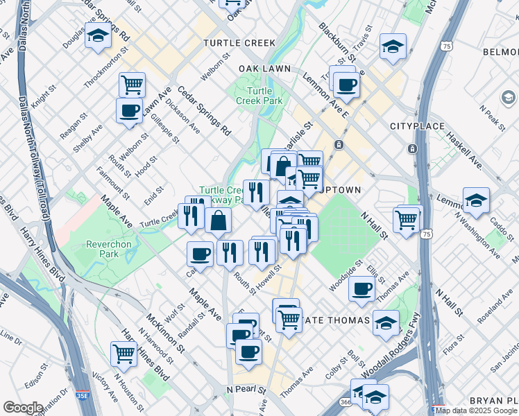map of restaurants, bars, coffee shops, grocery stores, and more near 2920 Carlisle Street in Dallas