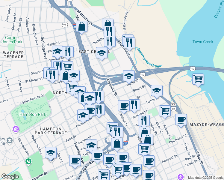 map of restaurants, bars, coffee shops, grocery stores, and more near 601 Meeting Street in Charleston