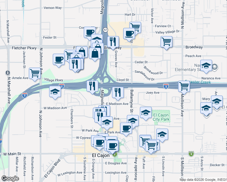 map of restaurants, bars, coffee shops, grocery stores, and more near 580 Graves Avenue in El Cajon