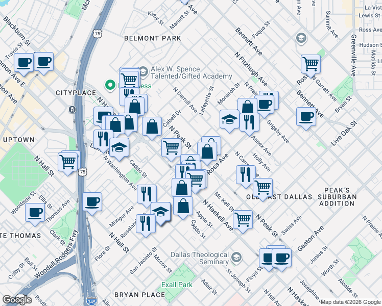 map of restaurants, bars, coffee shops, grocery stores, and more near 4212 Munger Avenue in Dallas