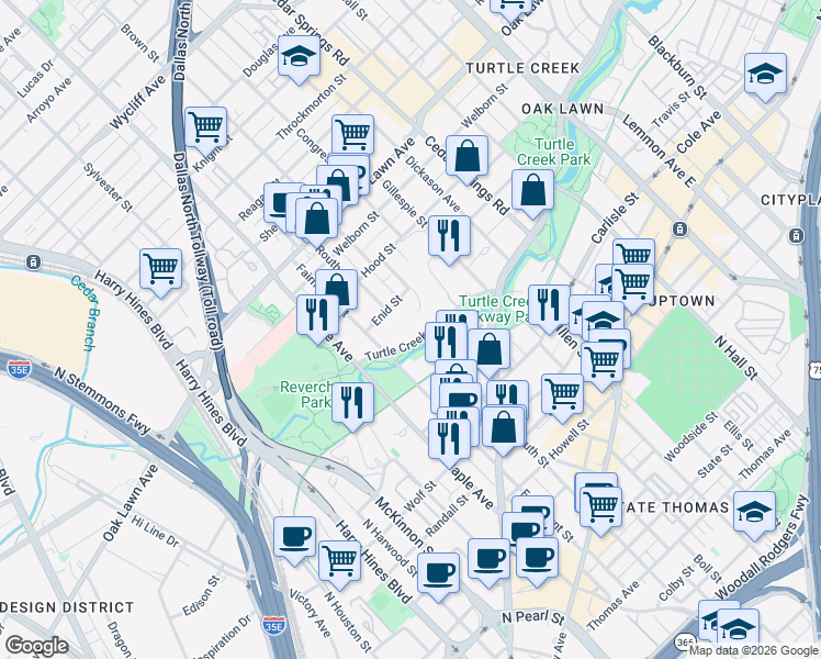 map of restaurants, bars, coffee shops, grocery stores, and more near 2600 Turtle Creek Boulevard in Dallas