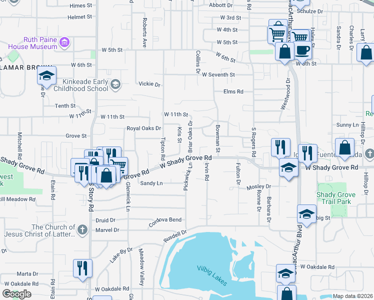 map of restaurants, bars, coffee shops, grocery stores, and more near 1152 Kris Street in Irving