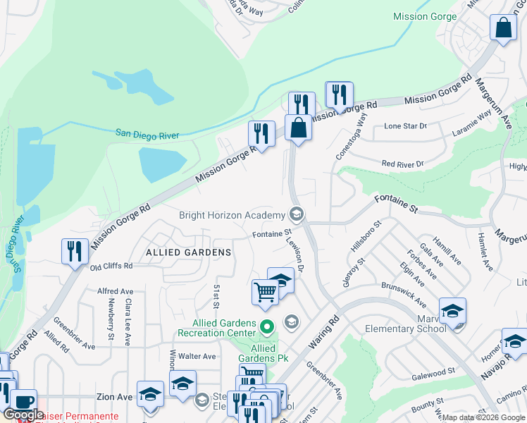 map of restaurants, bars, coffee shops, grocery stores, and more near 7134 Romford Court in San Diego