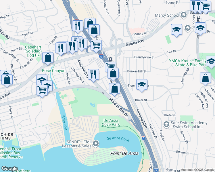 map of restaurants, bars, coffee shops, grocery stores, and more near 3012 Glendora Street in San Diego