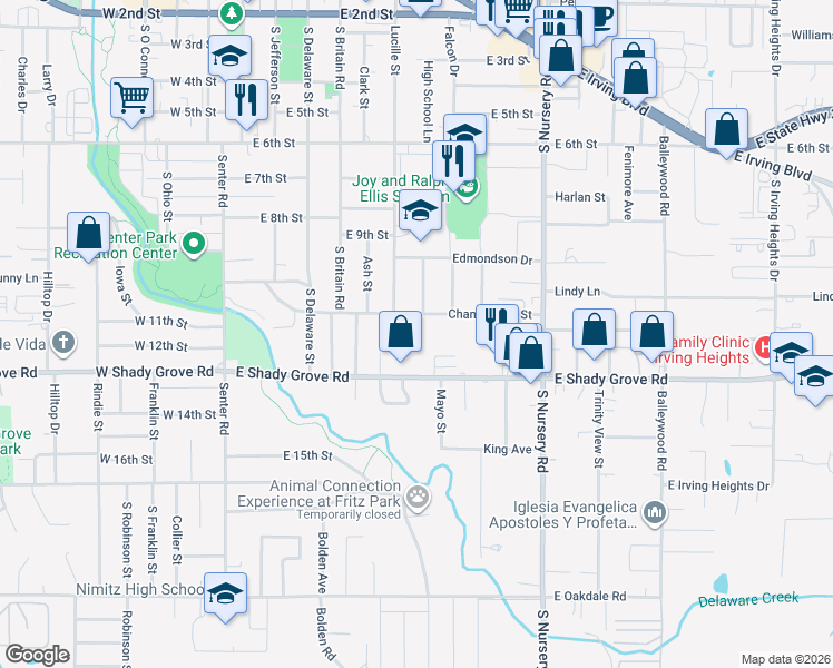 map of restaurants, bars, coffee shops, grocery stores, and more near 1101 Missy Lane in Irving