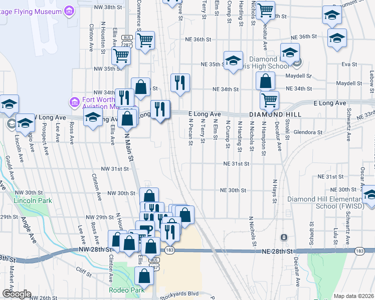 map of restaurants, bars, coffee shops, grocery stores, and more near 3222 North Grove Street in Fort Worth
