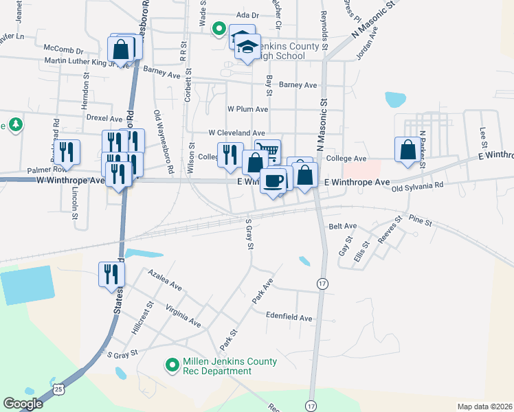 map of restaurants, bars, coffee shops, grocery stores, and more near 503 Cotton Avenue in Millen