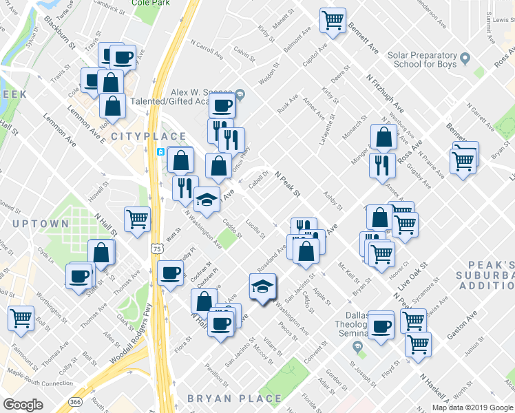 map of restaurants, bars, coffee shops, grocery stores, and more near N Haskell Ave & Lafayette St in Dallas