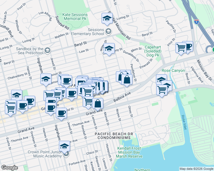 map of restaurants, bars, coffee shops, grocery stores, and more near 2050 Garnet Avenue in San Diego