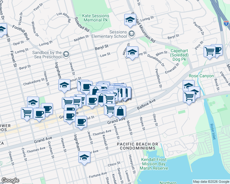 map of restaurants, bars, coffee shops, grocery stores, and more near 4526 Morrell Street in San Diego