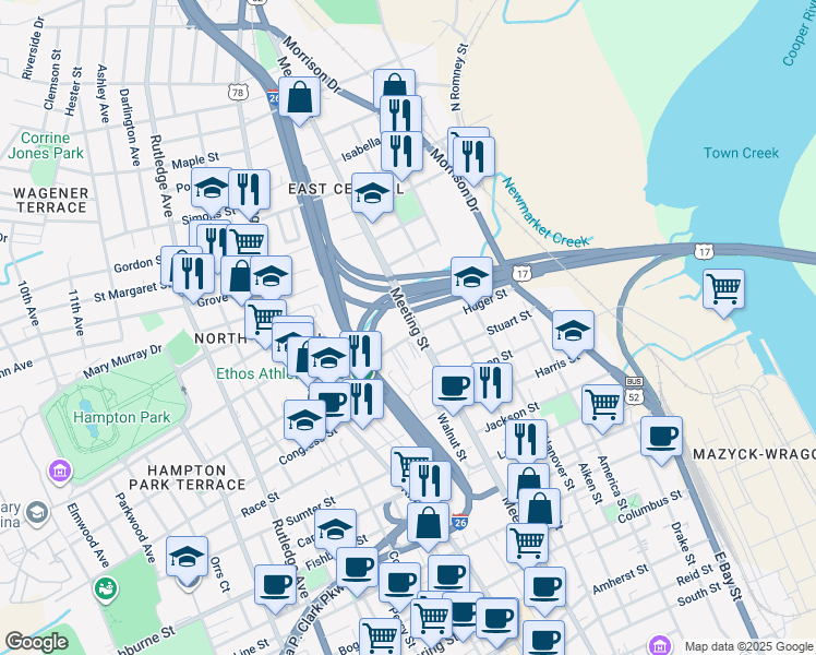 map of restaurants, bars, coffee shops, grocery stores, and more near 601 Meeting Street in Charleston