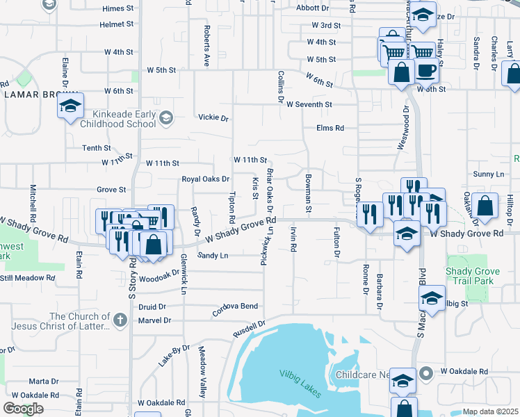 map of restaurants, bars, coffee shops, grocery stores, and more near 1152 Kris Street in Irving