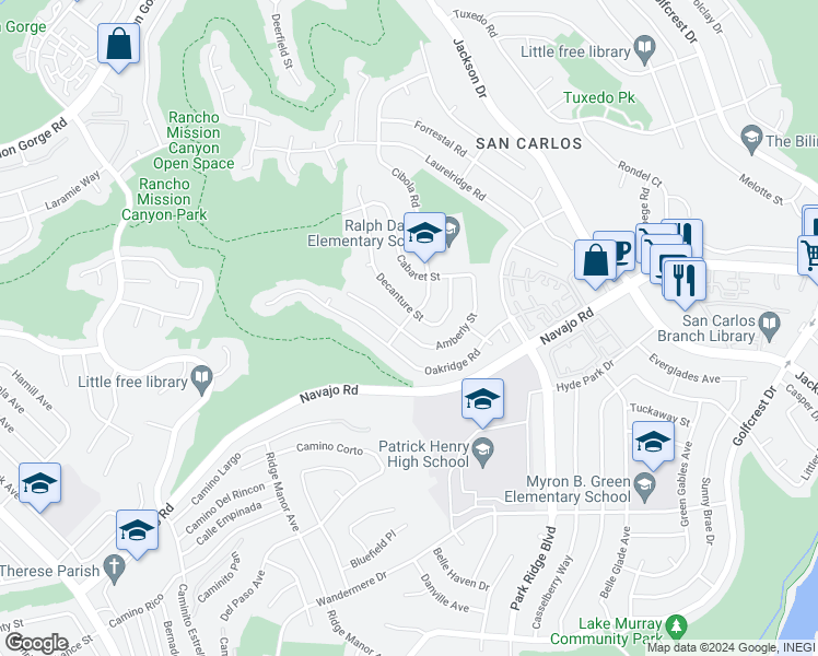 map of restaurants, bars, coffee shops, grocery stores, and more near 6460 Amberly Street in San Diego