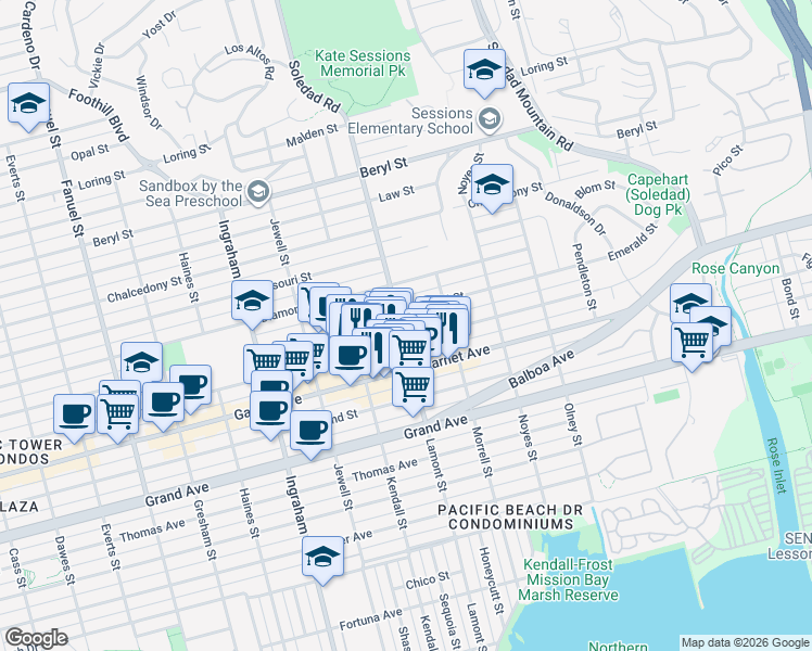 map of restaurants, bars, coffee shops, grocery stores, and more near in San Diego