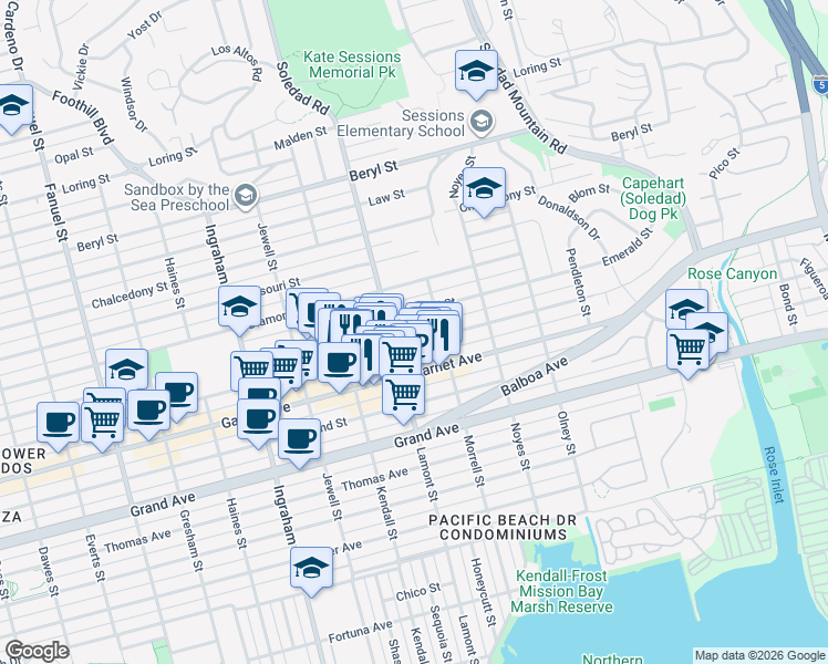 map of restaurants, bars, coffee shops, grocery stores, and more near in San Diego