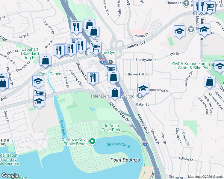 map of restaurants, bars, coffee shops, grocery stores, and more near 3012 Glendora Street in San Diego