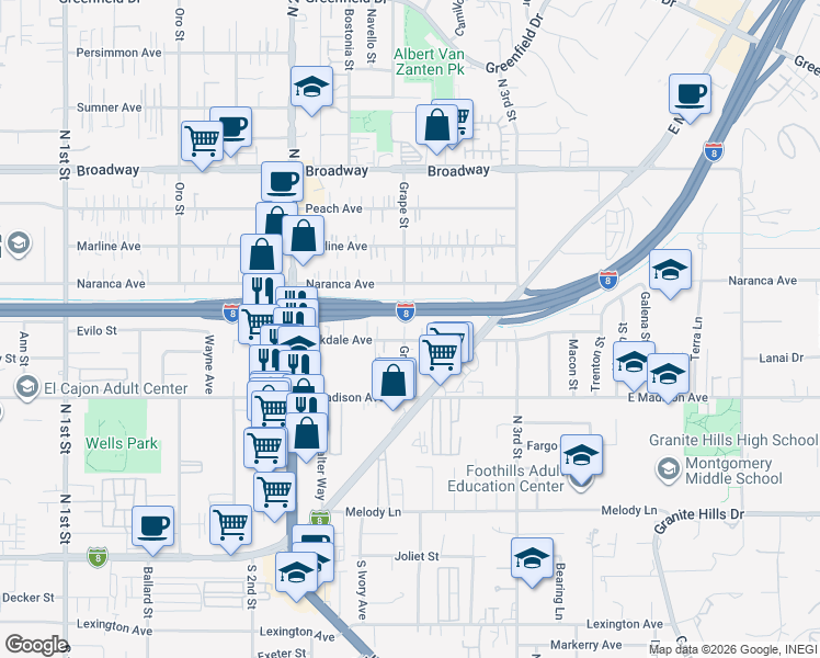 map of restaurants, bars, coffee shops, grocery stores, and more near 1405 Oakdale Avenue in El Cajon