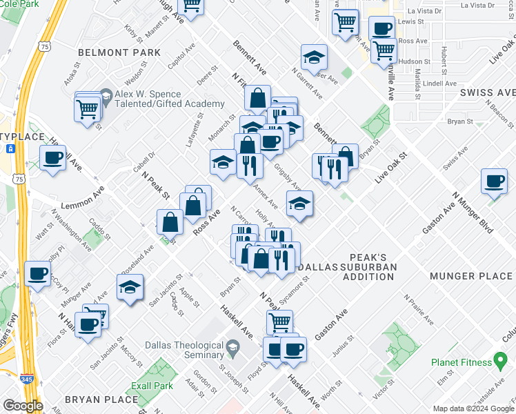 map of restaurants, bars, coffee shops, grocery stores, and more near 1519 Holly Avenue in Dallas