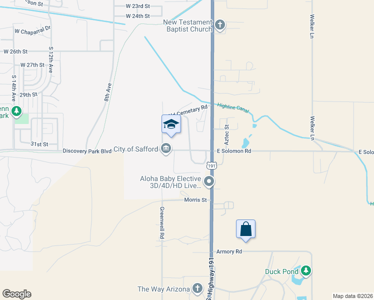 map of restaurants, bars, coffee shops, grocery stores, and more near 300 Discovery Park Boulevard in Safford