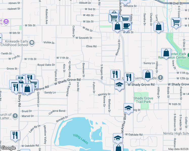 map of restaurants, bars, coffee shops, grocery stores, and more near 1523 West Shady Grove Road in Irving