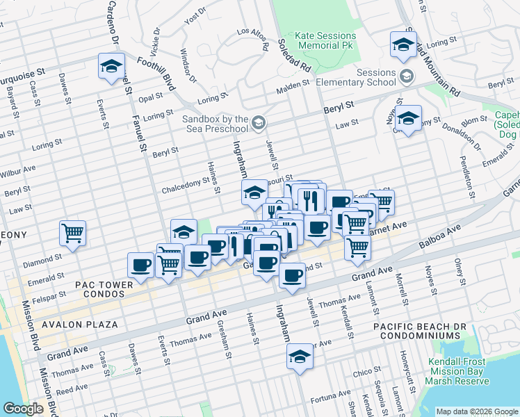 map of restaurants, bars, coffee shops, grocery stores, and more near 1611 Diamond Street in San Diego