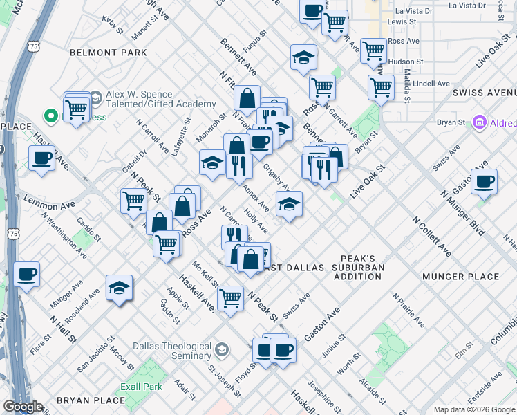map of restaurants, bars, coffee shops, grocery stores, and more near 1519 Holly Avenue in Dallas