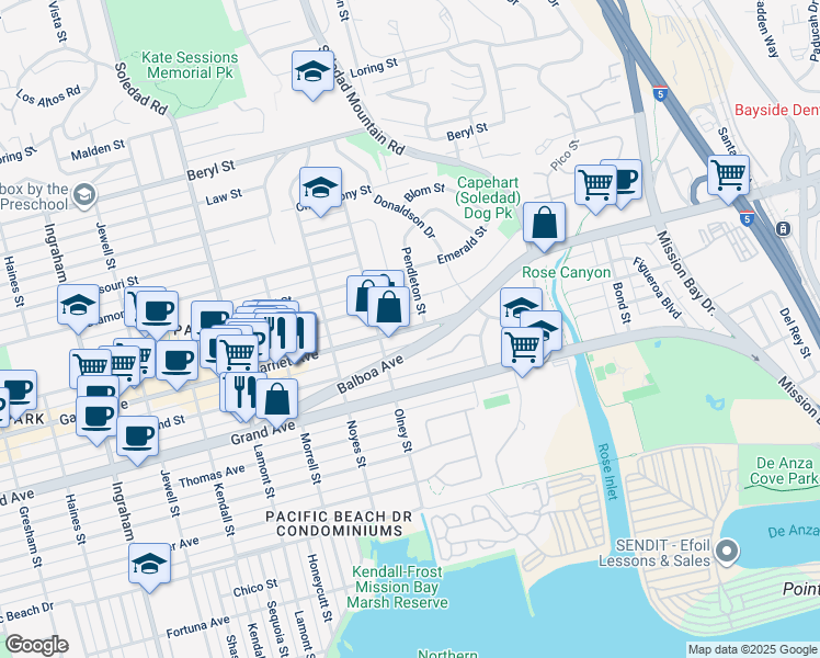 map of restaurants, bars, coffee shops, grocery stores, and more near 2254 Garnet Avenue in San Diego