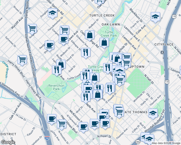 map of restaurants, bars, coffee shops, grocery stores, and more near 2817 Park Bridge Court in Dallas
