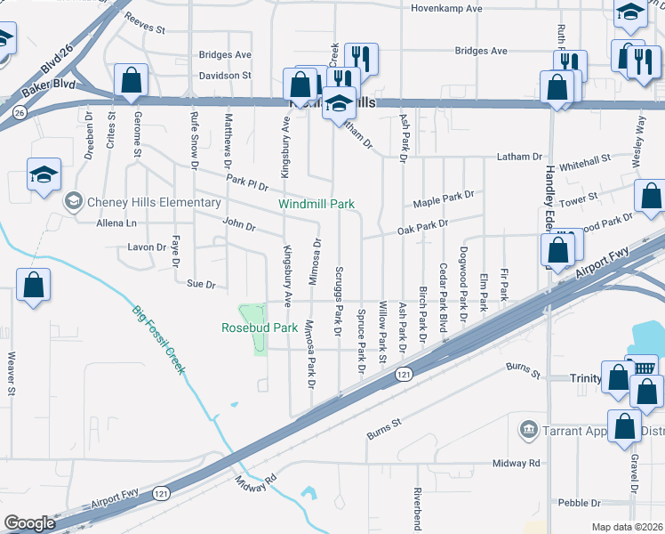 map of restaurants, bars, coffee shops, grocery stores, and more near 2817 Scruggs Park Drive in Richland Hills