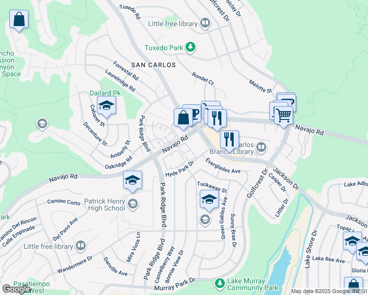 map of restaurants, bars, coffee shops, grocery stores, and more near 6930 Hyde Park Drive in San Diego