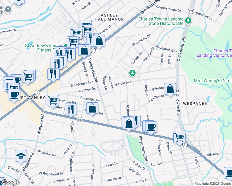 map of restaurants, bars, coffee shops, grocery stores, and more near 3 Regis Court in Charleston