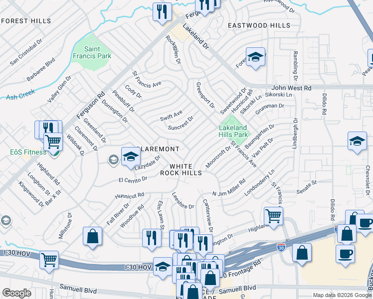 map of restaurants, bars, coffee shops, grocery stores, and more near 8334 Hunnicut Road in Dallas
