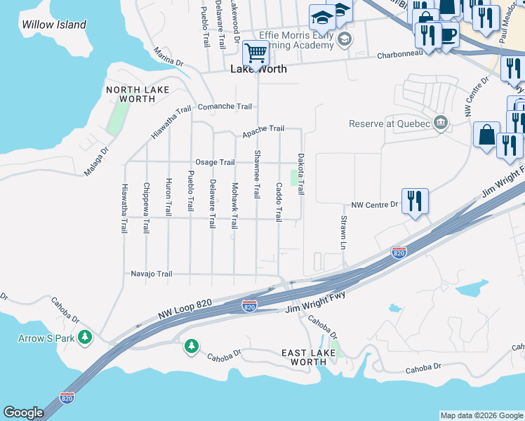 map of restaurants, bars, coffee shops, grocery stores, and more near 3033 Shawnee Trail in Lake Worth