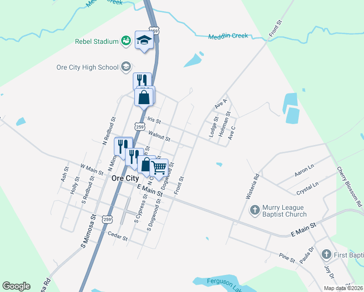 map of restaurants, bars, coffee shops, grocery stores, and more near 400 Dogwood Street in Ore City