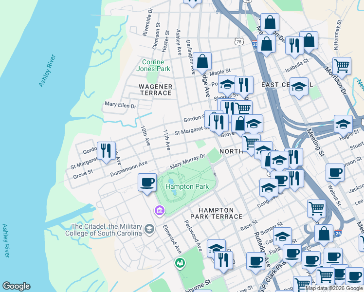 map of restaurants, bars, coffee shops, grocery stores, and more near 157 Grove Street in Charleston