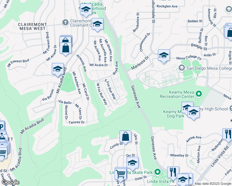 map of restaurants, bars, coffee shops, grocery stores, and more near 3186 East Fox Run Way in San Diego