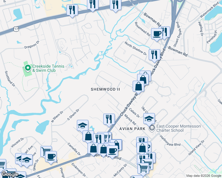map of restaurants, bars, coffee shops, grocery stores, and more near 1019 Jack Snipe Lane in Mount Pleasant