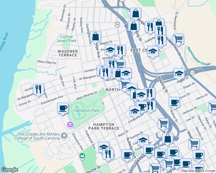 map of restaurants, bars, coffee shops, grocery stores, and more near 706 Rutledge Avenue in Charleston
