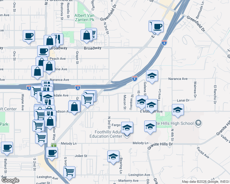 map of restaurants, bars, coffee shops, grocery stores, and more near 1511 Oakdale Avenue in El Cajon