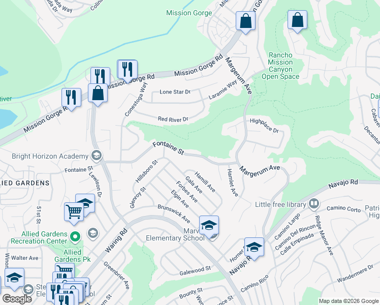 map of restaurants, bars, coffee shops, grocery stores, and more near 5697 Fontaine Street in San Diego