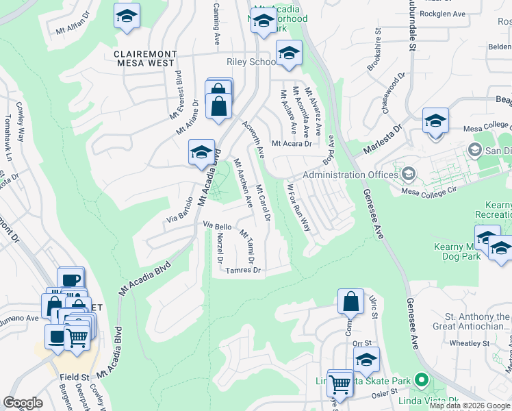 map of restaurants, bars, coffee shops, grocery stores, and more near 3338 Mount Tami Lane in San Diego